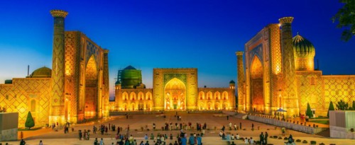 SAMARKAND, UZBEKISTAN - MAY 8, 2019: Registan, an old public square in the heart of the ancient
