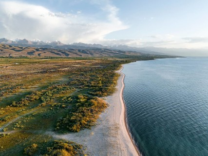 Aerial view, landscape at Lake Issyk Kul, Kyrgyzstan, Asia