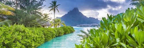 Bora Bora Island, French Polynesia. Web banner in panoramic view this amazing Beach