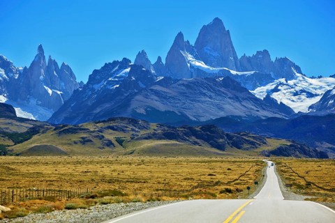 Famous rock Fitz Roy peaks in the Andes. Magnificent panorama of snow-capped mountains in Patagonia