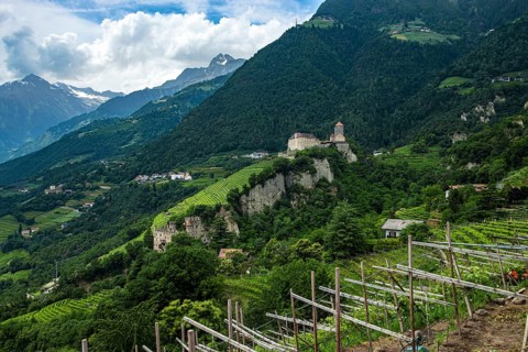 Tyrol Castle seen from Dorf Tyrol, medieval ancestral castle of the Counts of Tyrol and since 2003