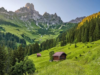 Aualm in front of the large Bischofsmütze, Gosaukamm, Dachstein mountains, Filzmoos, Pongau,