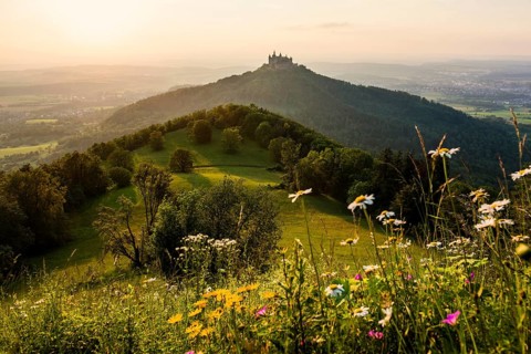 Hohenzollern Castle, sunset, Hechingen, Swabian Alb, Baden-Württemberg, Germany, Europe