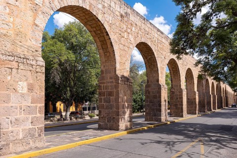 Michoacan, ancient aqueduct, aqueducto Morelia, in historic city center