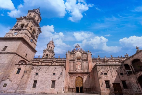 Mexico, Morelia, popular tourist destination Morelia Cathedral on Plaza de Armas in historic