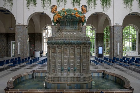 Decorative, Art Nouveau ceramic fountain made of majolica tiles, in the fountain house, Heilbad