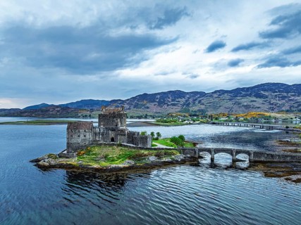 Eilean Donan Castle and Loch Duich from a drone, Isle of Skye, Highlands, Scotland, England, United