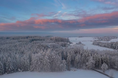 Winter forest near Eurasburg, winter at sunrise, drone shot, Upper Bavaria, Bavaria, Germany,