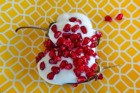 Mediterranean cuisine, roasted aubergines with pomegranate seeds and yoghurt, starter, healthy,