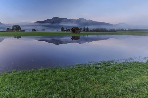 Mountains reflected in pond, morning mood, flooding, high water, Loisach-Lake Kochel-Moor, Bavaria,