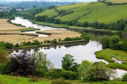Landscape view of River Dart estuary and valley near Totnes, south Devon, England, UK
