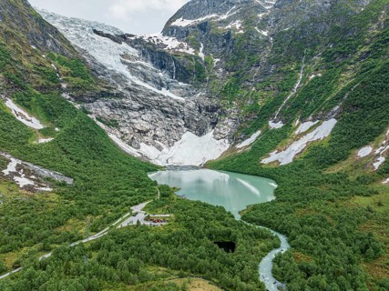 Glacier boyabreen, a glacier tongue of the Jostedalsbreen, glacial lake, north of village