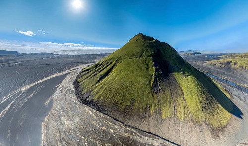 Aerial view, Mælifell mountain covered with moss, Maelifell, black sand desert Mælifellssandur,