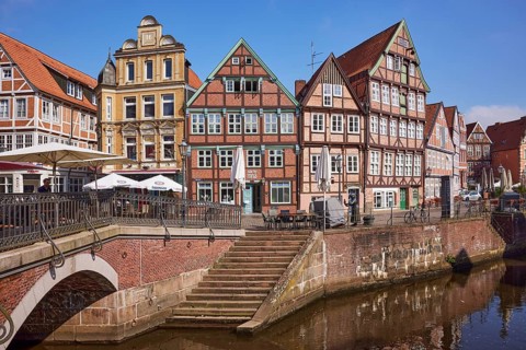 Old Hanseatic harbour, an inland port on the Schwinge river with historic half-timbered houses and