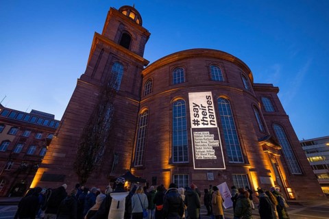 A memorial service is held in front of St Paul's Church in Frankfurt am Main for the victims of the