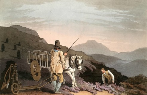 Scene from everyday life in England around 1810, peat cart with the peat cutters, historical,