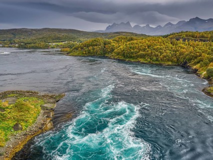 View of Saltstraumen, tidal whirlpool, Stornholmen, Bodø, Helgeland coast, Nordland, Norway, Europe