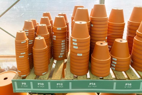 Variety of sizes of clay flower pots on display in at Swanns Nursery garden centre, Suffolk,