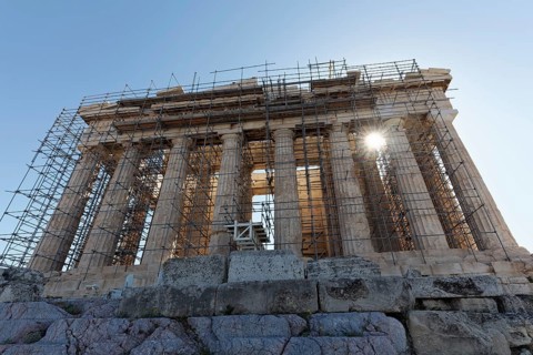 Parthenon Temple, scaffolded west façade, construction site, Athens, Greece, Europe