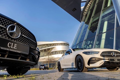 New Mercedes cars at the Stuttgart branch, with the Mercedes Museum behind it. Stuttgart,