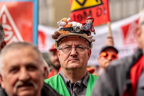 Demonstration by many thousands of steelworkers in front of the ThyssenKrupp headquarters in Essen