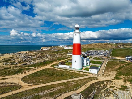 Portland Bill Lighthouse from a drone, Portland Bill, Isle of Portland, Dorset, England, United