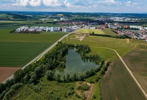 Drone image, shoring in grassland with pond, housing estate, high-rise housing estate, Asten, Linz
