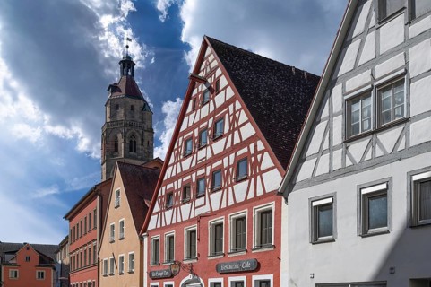 Historic house gables and the tower of St Andrew's Church, Weißenburg, Middle Franconia, Bavaria,