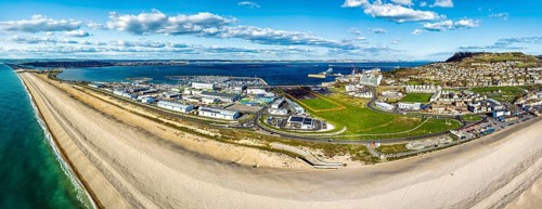 Panorama of Chesil Beach from a drone, West Bay to Portland, Jurassic Coast, Dorset, England,