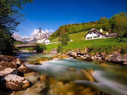 Parish church of St Sebastian on the Ramsauer Ache, behind Reiteralpe, Ramsau, Berchtesgadener