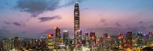 Shenzhen skyline with skyscrapers city centre downtown evening panorama in Shenzhen, China, Asia