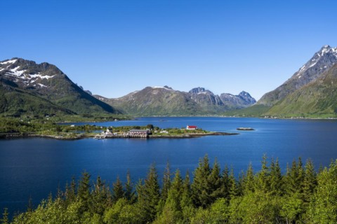 Landscape on the Lofoten Islands with sea and mountains. The Sildpollnes peninsula in the