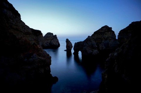 Blue hour in front of sunrise, rocks in the sea, Ponta da Piedade, Lagos, caves, cliffs, Atlantic