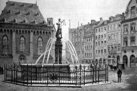 He Justitiabrunnen in Frankfurt am Main, Germany, in 1871 / The Justitia Fountain in Frankfurt am
