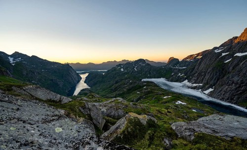 View of Engen Fjord Trollfjord at sunrise, at Trollfjord Hytta, mountain landscape with alpenglow