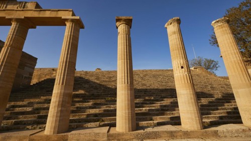 Acropolis of Lindos, morning light, Propylaea with open staircase, Lindos, Rhodes, Dodecanese,
