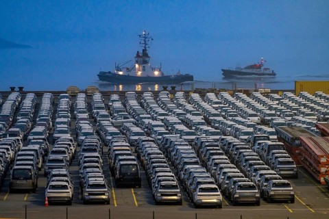 Parking space for import vehicles, hundreds of Hyundai Ioniq, electric cars, waiting for onward
