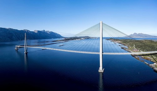 Panorama aerial view of Helgeland bridge, connecting Sandnessjøen with the norwegian mainland,