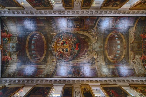 Interior view, coffered ceiling, ceiling painting, perspective painting, ceiling, church Igreja de