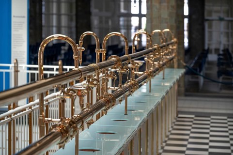 Historic medicinal water taps in the fountain hall, inaugurated in 1842, replaced by a new building