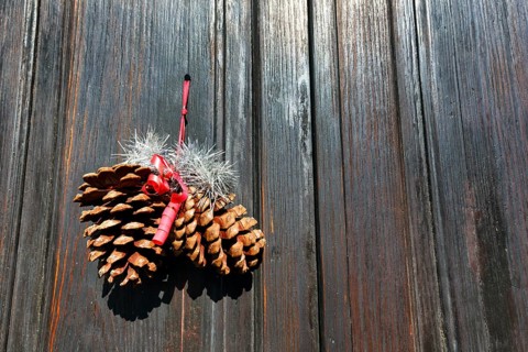 Pine cones, pine cones, minimalist Christmas decoration on a wooden door, narrow door, Haria,
