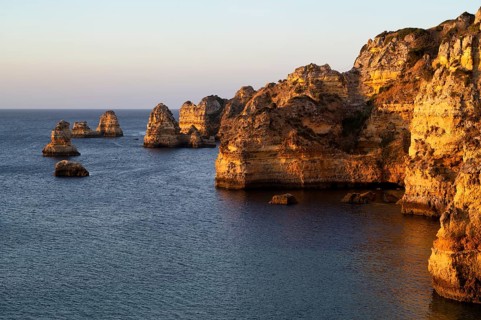 Colourful cliffs and rocks at sunrise on the beach, Praia da Dona Ana, Lagos, cliffs, Atlantic