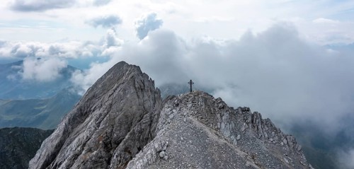 Aerial view, summit of the Großer Kinigat with summit cross, Carnic Main Ridge, Carnic High Trail,