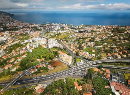 Aerial drone view of Funchal town, Madeira island, Portugal, Europe