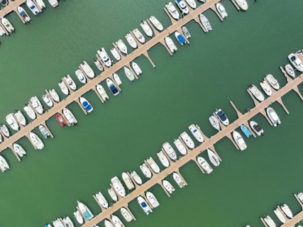 Marina wharves at the river mouth of the Piedras River. Aerial view. Drone shot. Huelva province,