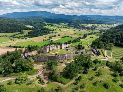 Aerial view of the ruins of Hochburg Castle, also known as Hachberg, 11th century, between
