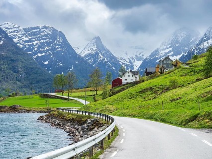 Road along lake Oldevatn to valley Briksdalen and glacier Briksdalsbreen, Norway, Europe