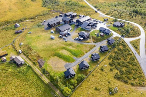Aerial view of tourist hotel Raubergstulen, Jotunheimen National park, Norway, Europe