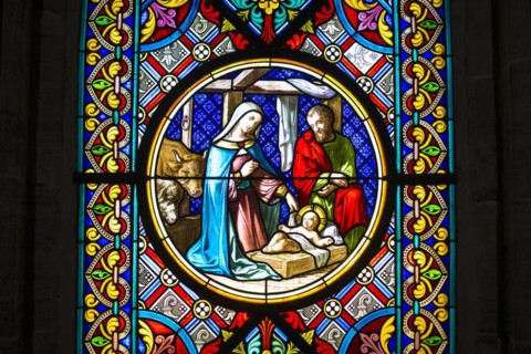 Church window, cot with Jesus and Mary and Joseph, Basel Minster, Basel, Canton of Basel-Stadt,