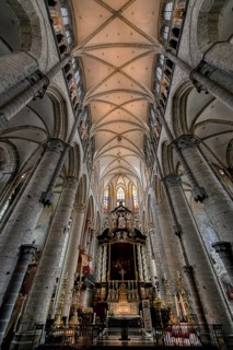 Gothic St. Nicholas Church, Vaulted ceiling and columns of the central nave, Ghent, Flanders,